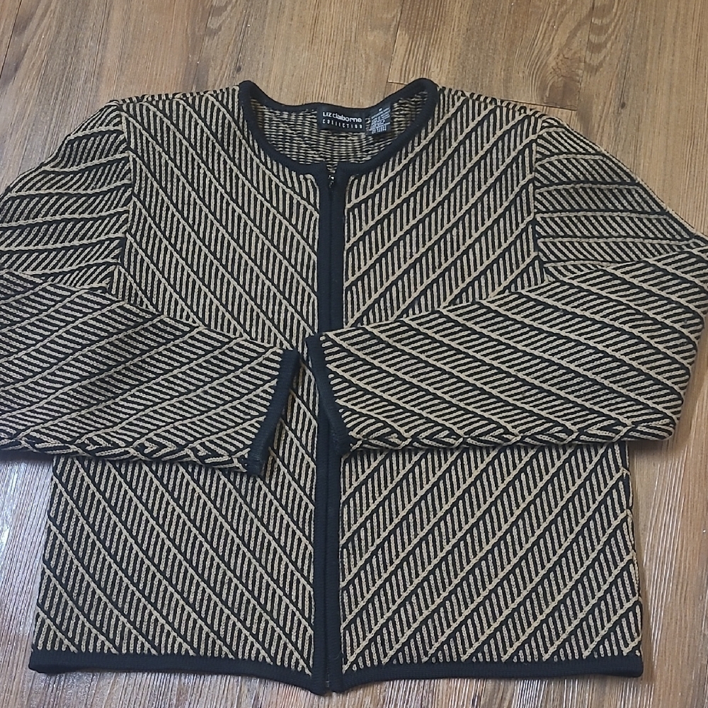LIZ CLAIBORNE 100‎ MERINO WOOL Black and Tan Striped Women's Sweater M
